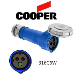 Cooper 316C6W Connector -  16A, 220V - 240V 2-Pole / 3-Wire, IEC60309