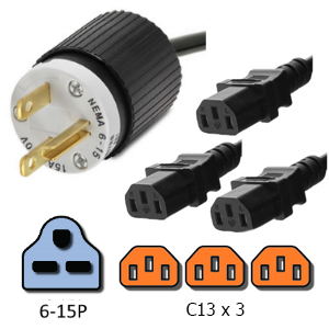 6-15P to 3x C13 Splitter Cords