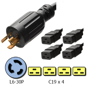 L6-30P to 4 x C19 Y Splitter Power Cord, 20A, 250V